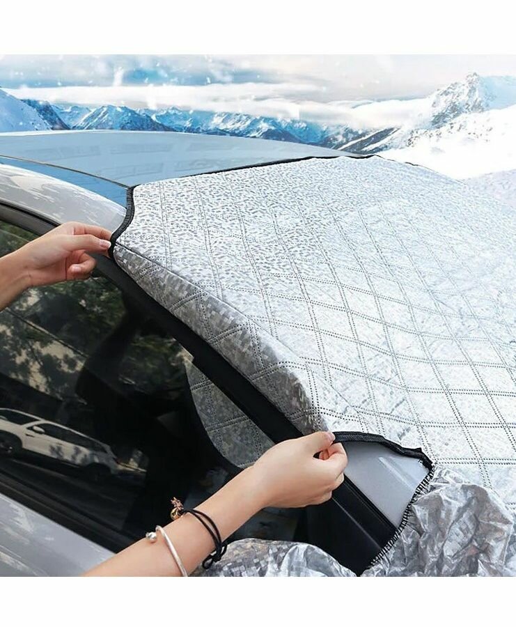 Магнитная защитная накидка на лобовое стекло автомобиля / Всесезонный чехол на стекло машины С ушами для боковых зеркал