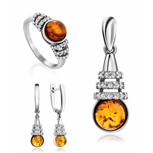 фото Комплект бижутерии: подвеска, серьги, кольцо, янтарь, коричневый amberhandmade