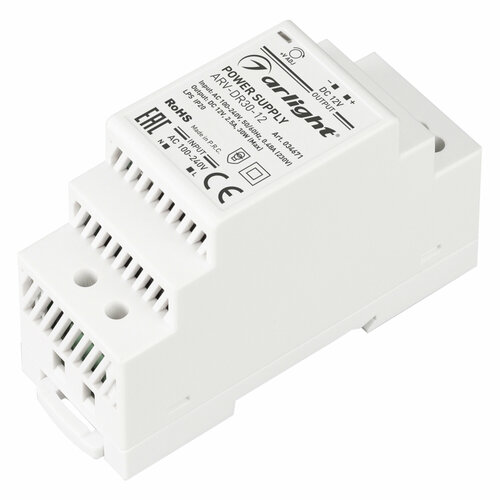 Блок питания ARV-DR30-12 (12V, 2.5A, 30W) (Arlight, IP20 DIN-рейка) блок питания arv dr30 12 12v 2a 24w arlight ip20 din рейка