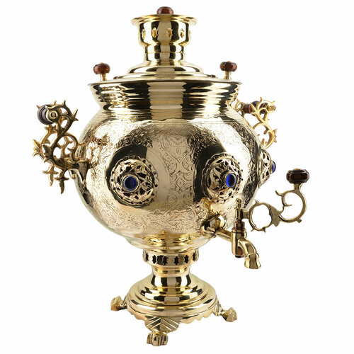 Самовар на дровах 10 литров формы «Шар византийский», инкрустация «Лазуритом», категория «Эксклюзив»