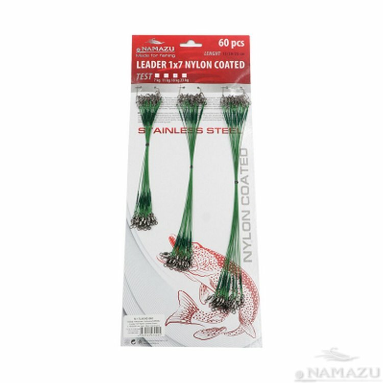 Набор поводков стальных Namazu Leader 1х7 Nylon Coated Green, L-1525 см, test- 23 кг (по 20 шт.)