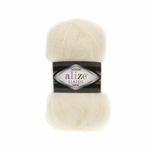 Пряжа Mohair Classic Alize(Мохер Классик), цвет 01 молочный, 100гр/200м, 25% мохер, 24% шерсть, 51% акрил, 1 моток.