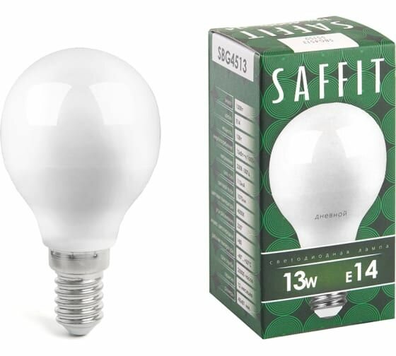 Светодиодная лампа SAFFIT SBG4513, G45 шар, 13W 230V E14 6400К, 1070Lm, угол рассеивания 220 55159