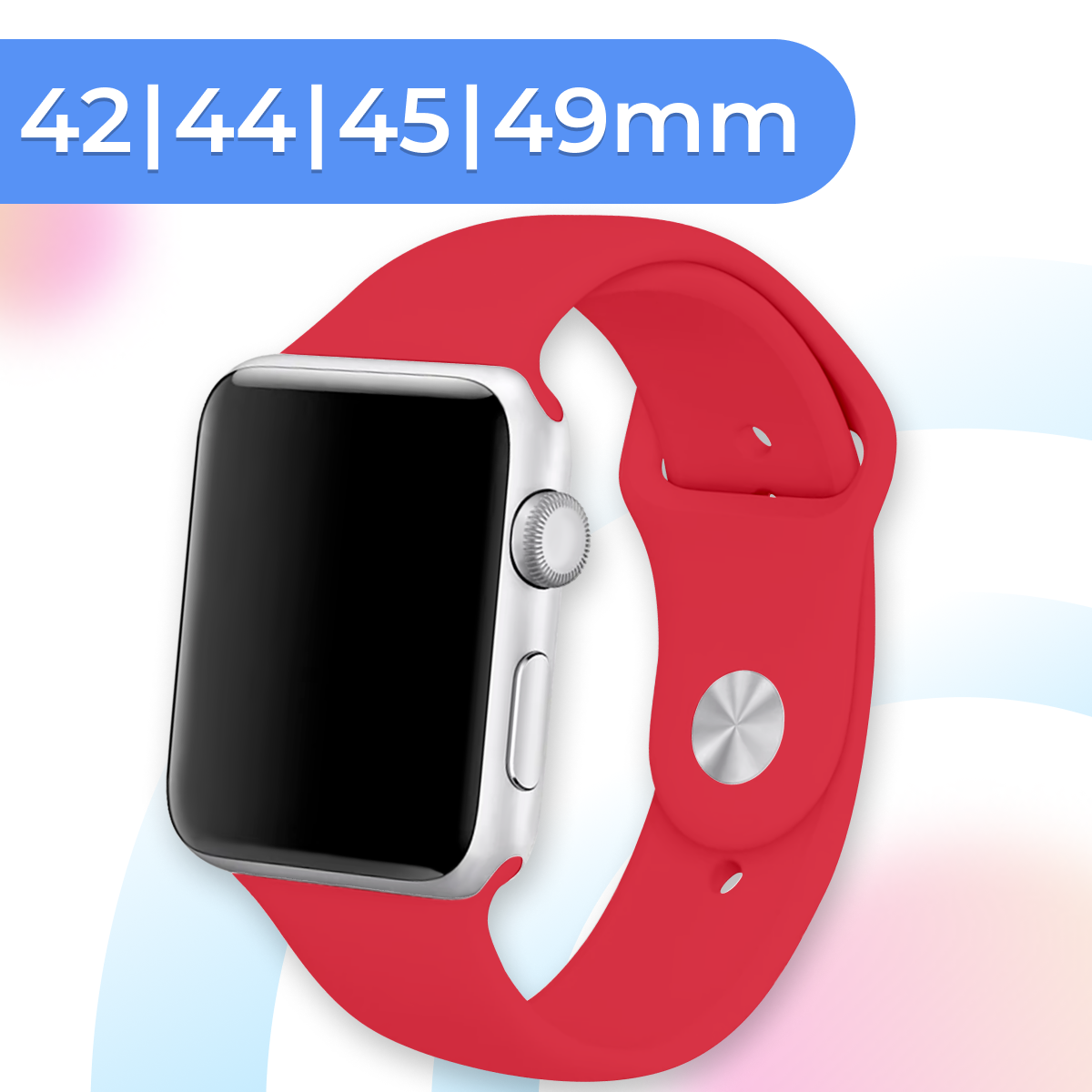 Силиконовый ремешок для умных часов Apple Watch 42-44-45-49 mm / Спортивный сменный браслет для смарт часов Эпл Вотч 1-9, SE серии / Red