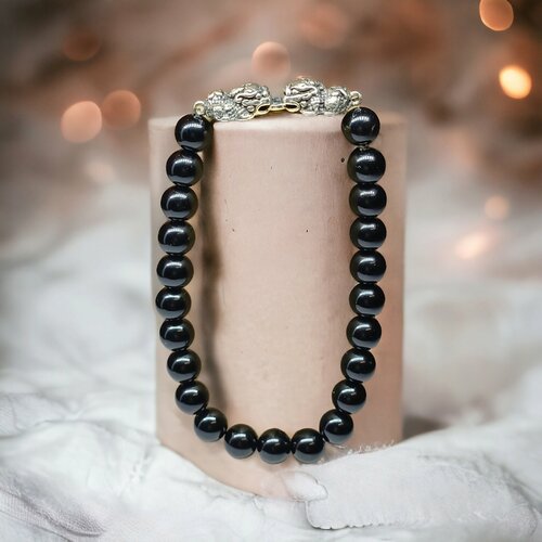 фото Браслет dragon duo, агат, 1 шт., размер 19 см, размер l, черный, серебряный jewerly spice