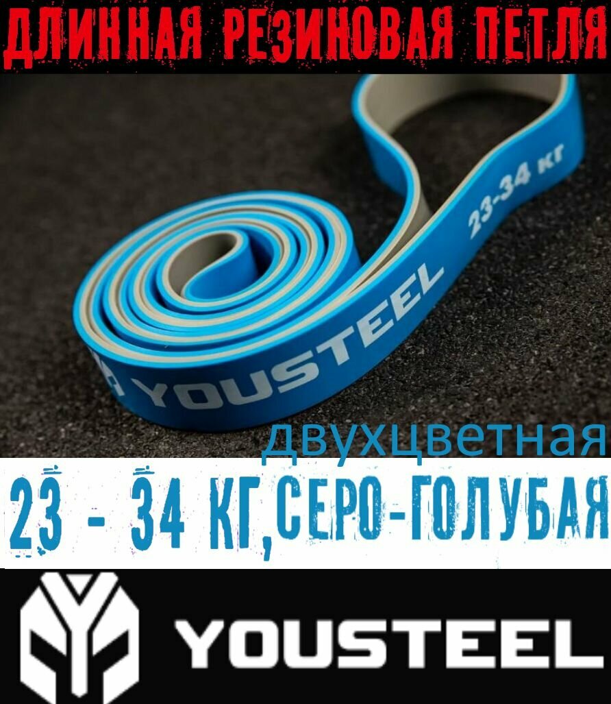 Длинная резиновая петля эспандер YOUSTEEL Strength Band двухцветная, снимаемая нагрузка 23 - 34 кг, Размер -2080 мм х 4,5 мм х 32 мм, цвет - серый + голубой