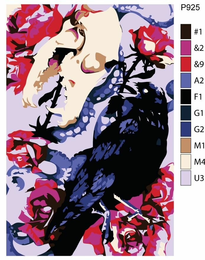 Детская картина по номерам P925 "Вороны Арт. Черный ворон, череп и розы" 20x30
