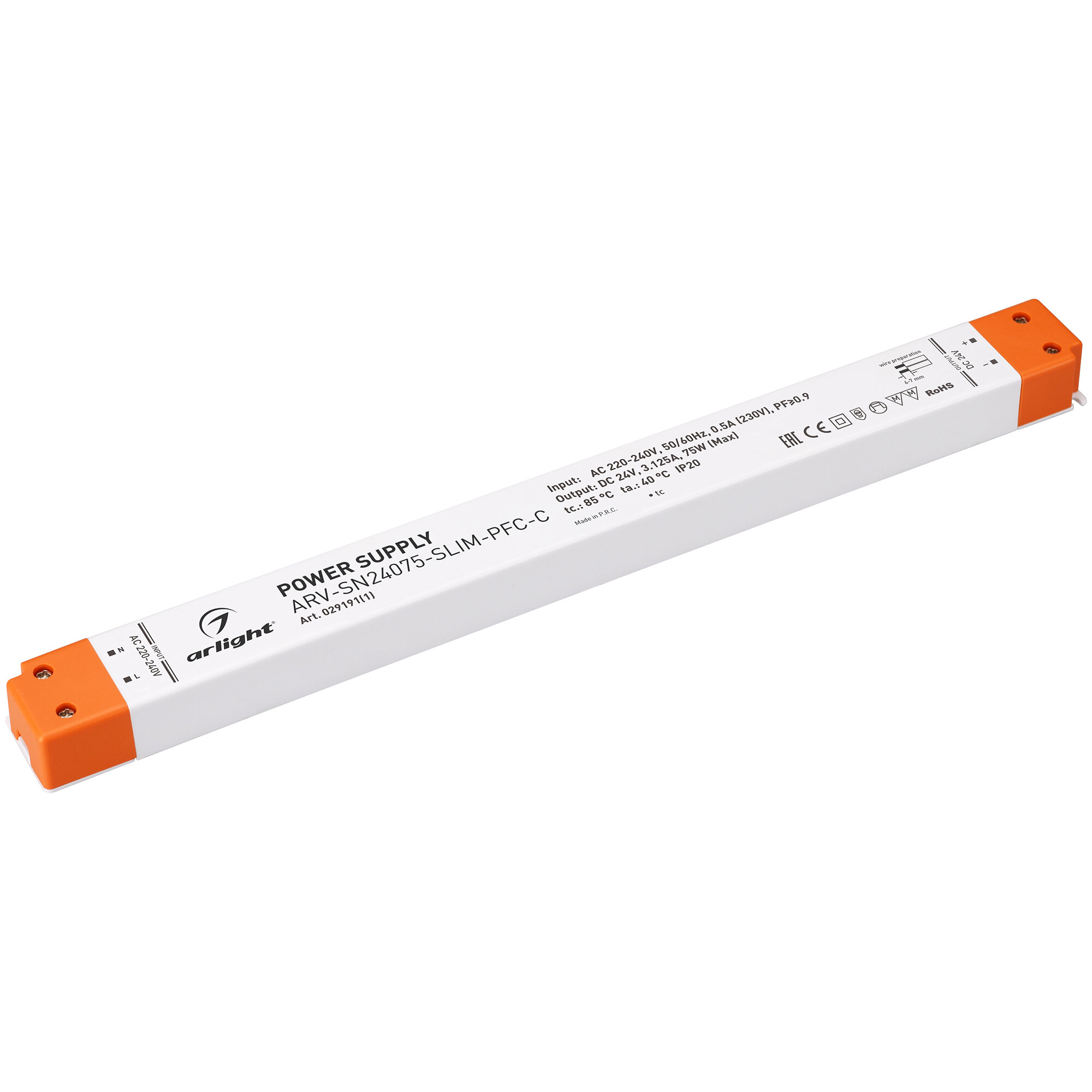Блок питания ARV-SN24075-SLIM-PFC-C (24V 3.12A 75W) (Arlight IP20 Пластик 3 года)