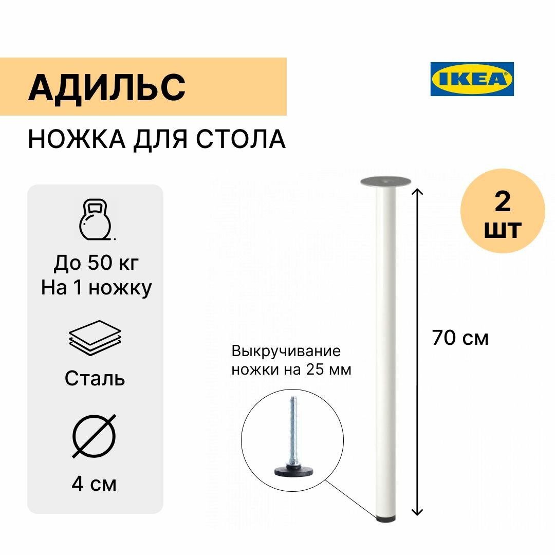 Ножка-опора для стола кухонного 70 см адильс (ADILS), белая, 2 шт.