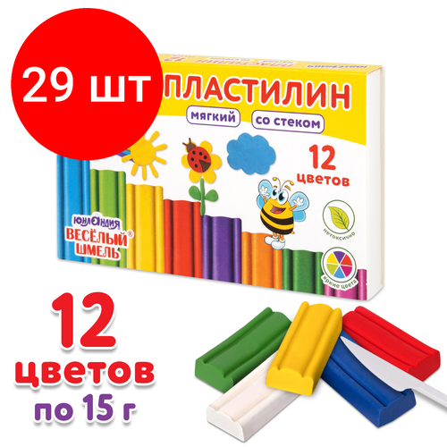 Комплект 29 шт, Пластилин мягкий юнландия веселый шмель, 12 цветов, 180 г, со стеком, 106672 мужская футболка веселый микроб зеленый m желтый