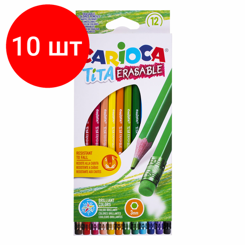 Комплект 10 шт, Карандаши цветные стираемые с резинкой CARIOCA Erasable, 12 цветов, пластик, шестигранные, заточенные, 42897