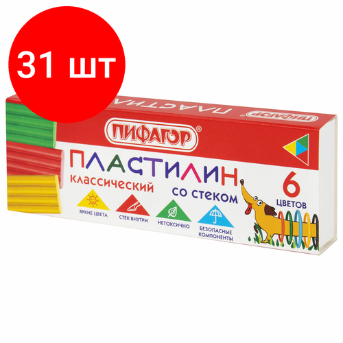 Комплект 31 шт, Пластилин классический пифагор Веселая такса, 6 цветов, 90 г, со стеком, 106674 пластилин классический пифагор веселая такса 12 цветов 180 г со стеком