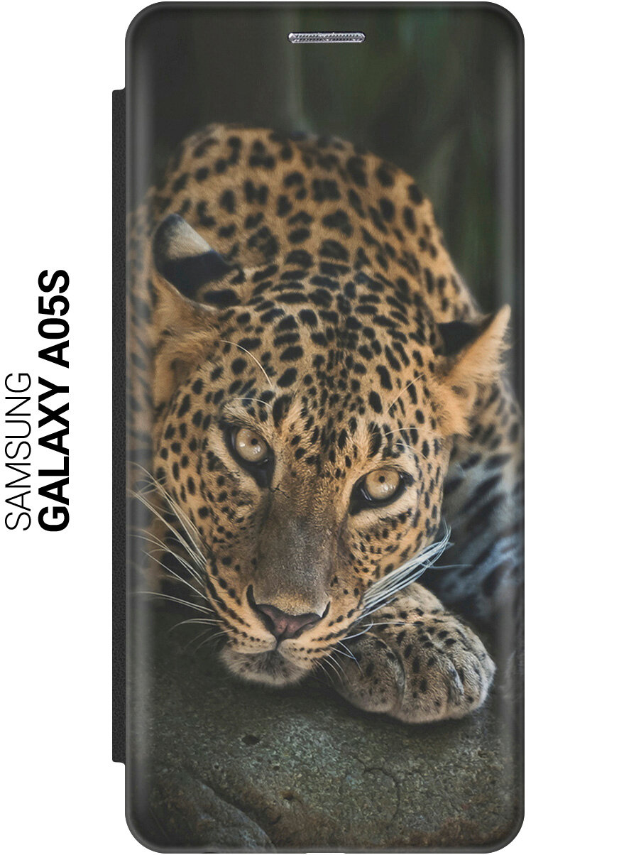 Чехол-книжка на Samsung Galaxy A05s / Самсунг А05с с рисунком "Загадочный леопард" черный