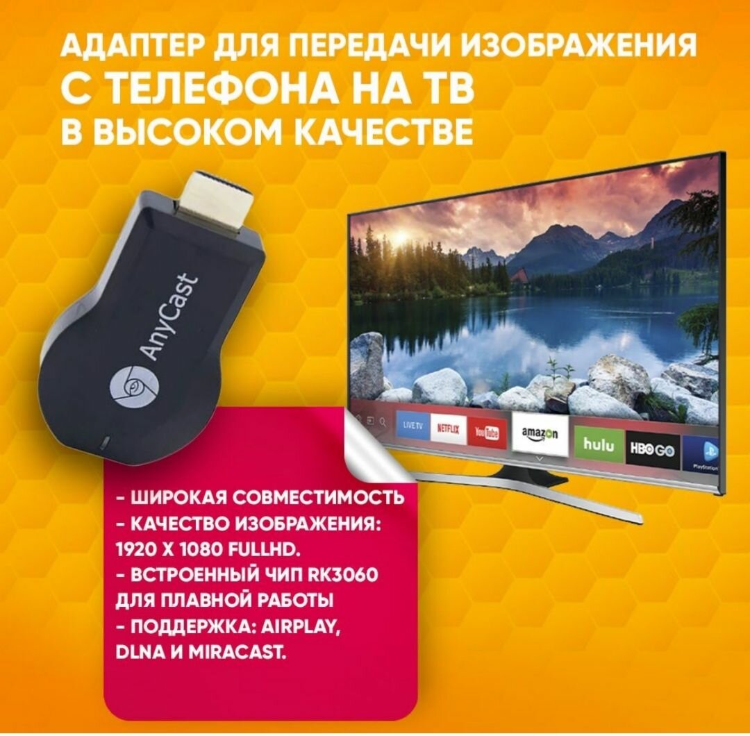 Беспроводной Wi-Fi HDMI медиаплеер ресивер Anycast M4 Plus для трансляции с телефона или планшета на телевизор, проектор