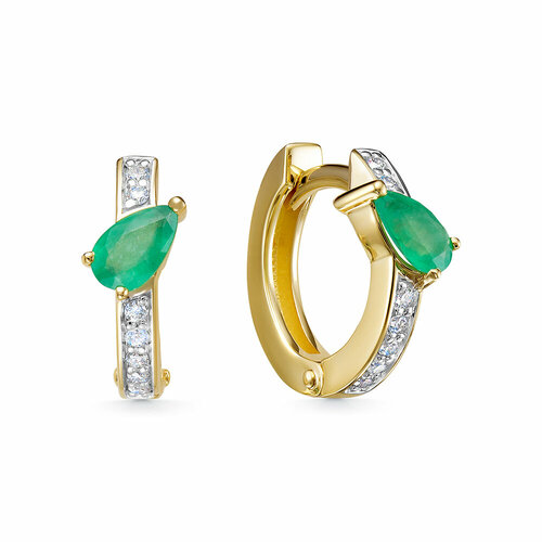 Серьги Белый Бриллиант, желтое золото, 585 проба, родирование, изумруд, бриллиант, размер/диаметр 10 мм, желтый