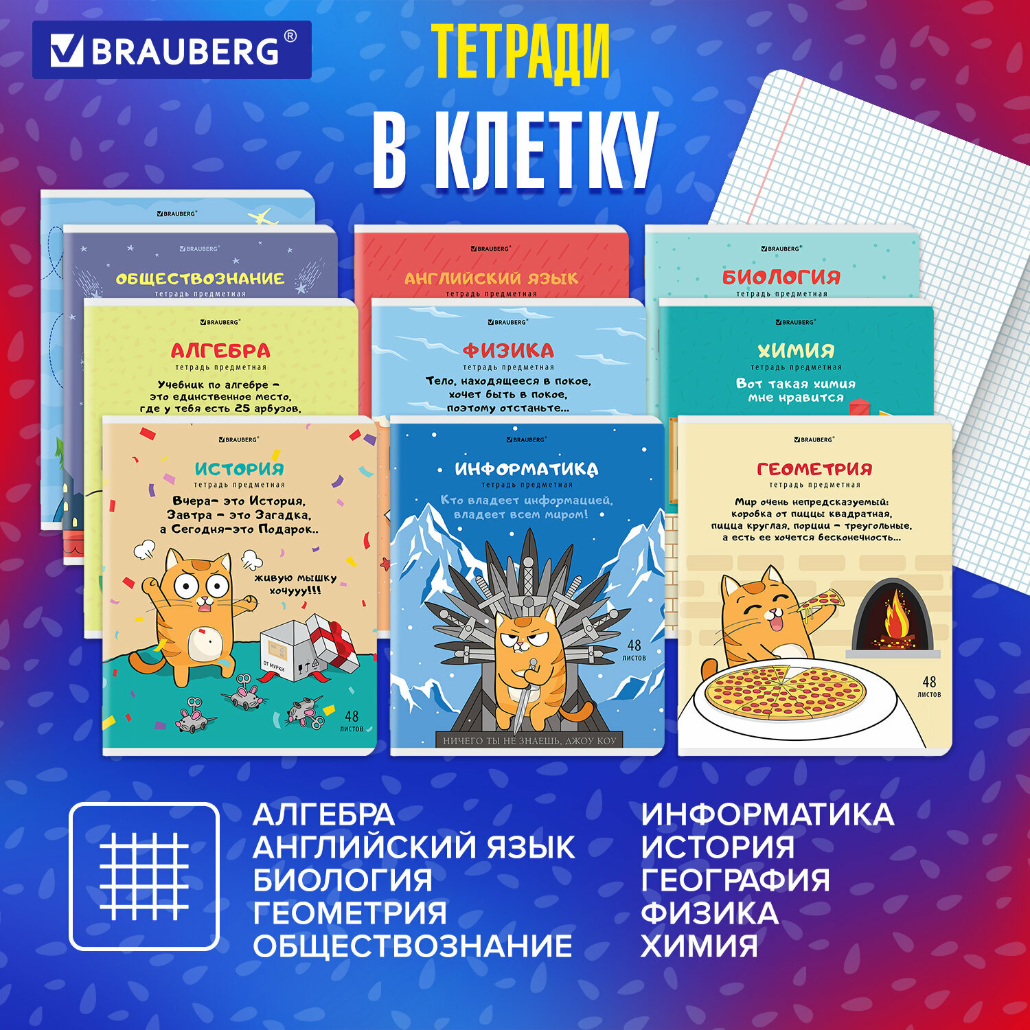 Тетради предметные Brauberg комплект 12 предметов, "кот-энтузиаст", 48 л, TWIN-лак, , 404609