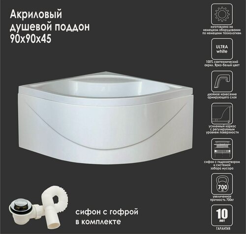 Изображение товара Поддон для душа 90x90x45 Royal Bath четверть круга белый высокий