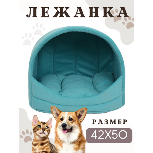 Лежанка домик для кошек, для собак мелких и средних пород, лежак для животных, со съёмной подушкой, цвет: бирюзовый, 42x50 см