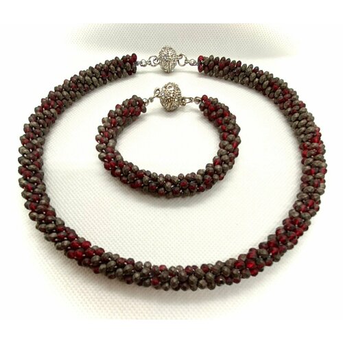 Комплект бижутерии Дом Самоцветов: браслет, колье, циркон, размер колье/цепочки 48 см, бордовый, серый