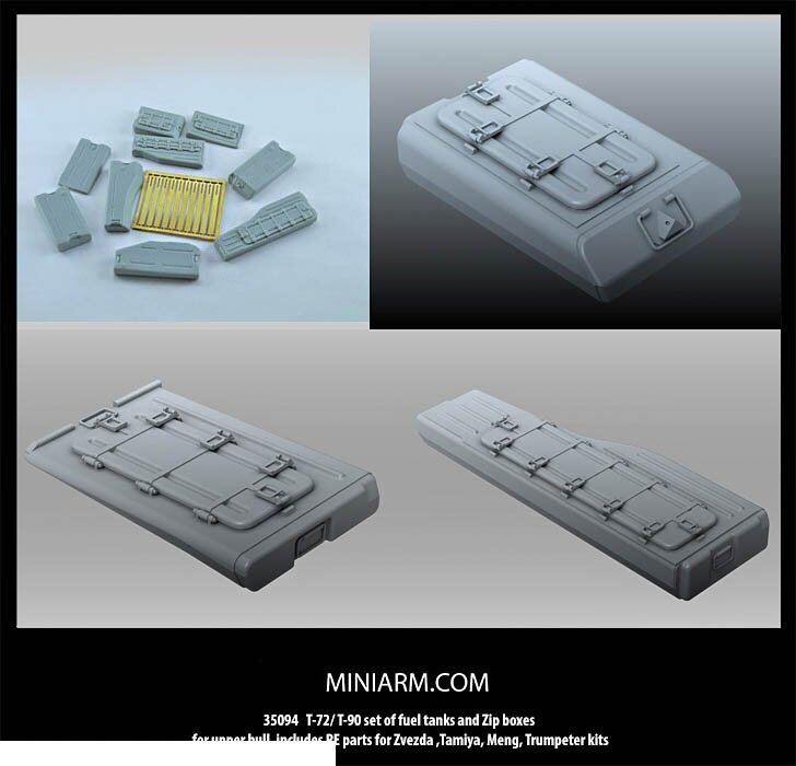 35094 Т-72, Т-90 Комплект надполочных баков и ящиков Зип, включает фототравление для набора Звезда, Менг, Трумпетер, Тамия