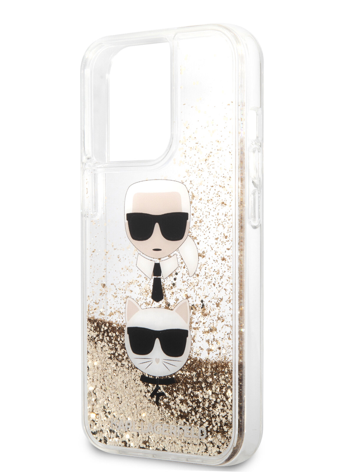 Lagerfeld для iPhone 13 Pro чехол Liquid glitter Karl & Choupette heads Hard Gold