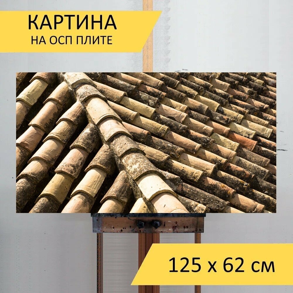Картина на ОСП 125х62 см. "Глиняные крыши, шиферная крыша, черепичная крыша" горизонтальная, для интерьера, с креплениями