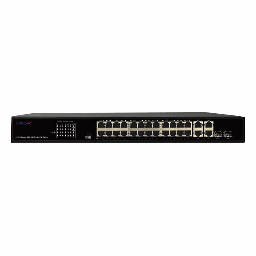 Коммутатор неуправляемый TRASSIR с24 PoE портами (10/100/1000 Мбит/с Base-T PoE port),и 2 Combo портами (10/100/1000 Мбит/с Base - фото №1