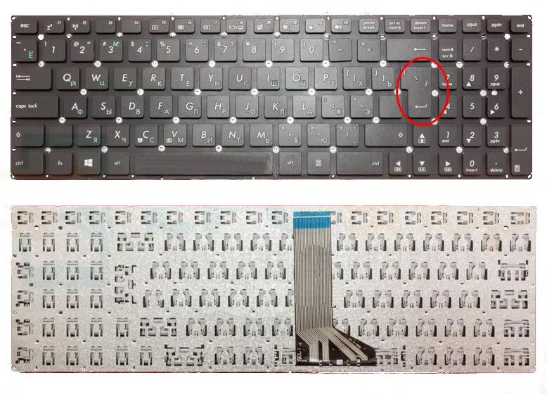 Клавиатура для Asus R513 черная без рамки, Г- образный Enter, шлейф 10 см