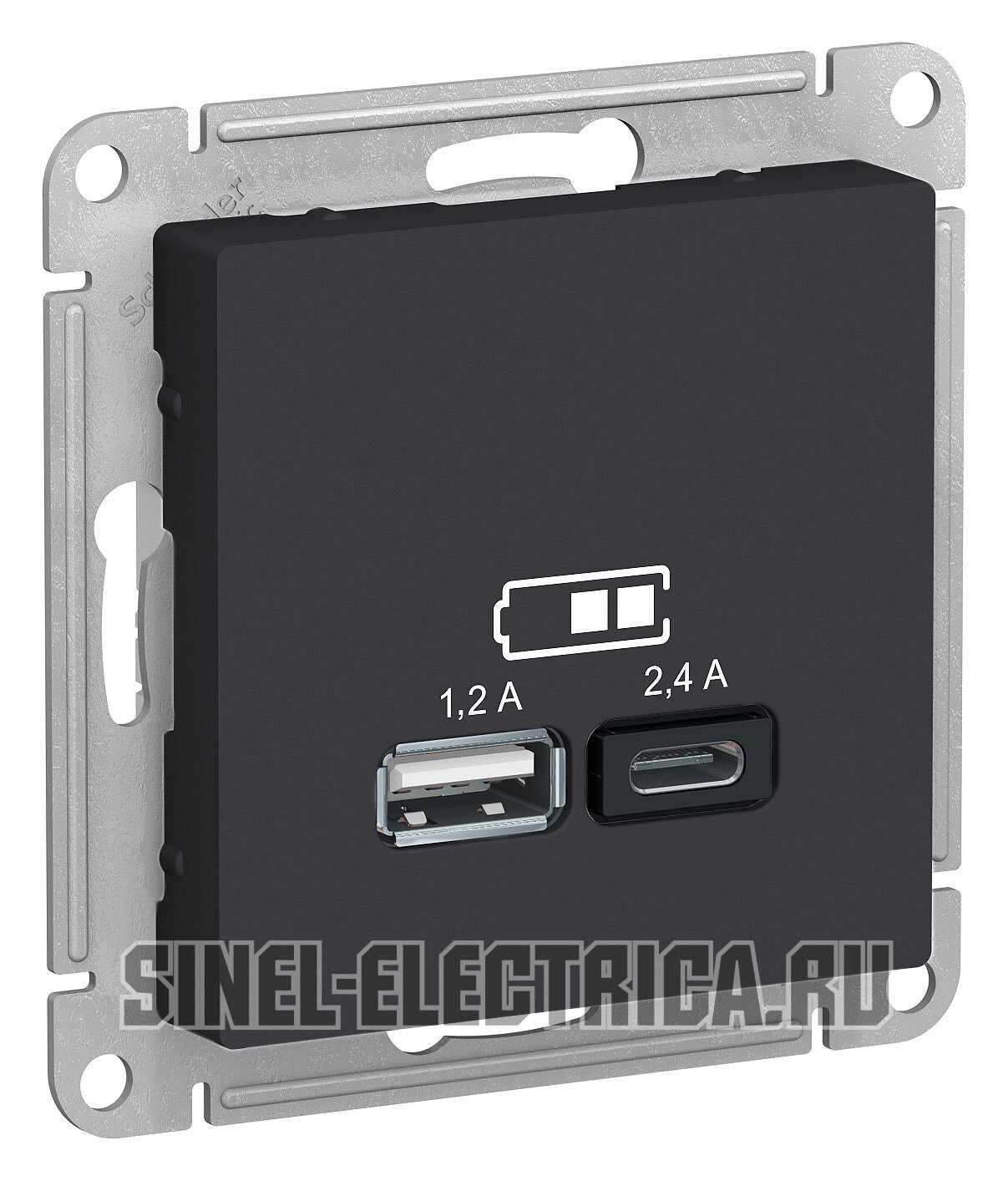 Atlas Design USB розетка A+С, 5В/2,4А, 2х5В/1,2 А, механизм, карбон