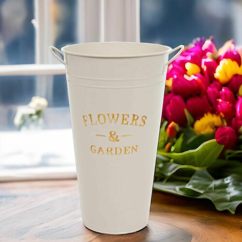 Вазон для цветов напольный кашпо металлическое с ручками высокое с надписью, цинк, D20xH35 см, 6 л