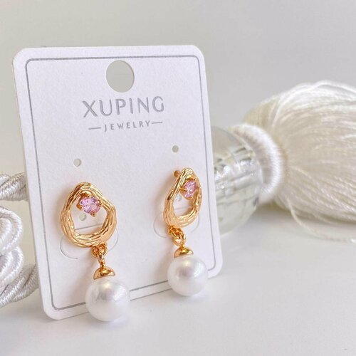 фото Серьги xuping jewelry, фианит, жемчуг имитация, размер/диаметр 31 мм, золотой