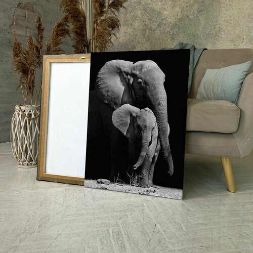 Картина на холсте слоны африканский со черно белая 40x60 смдля интерьерав комнатуна стенув подарок 1595₽