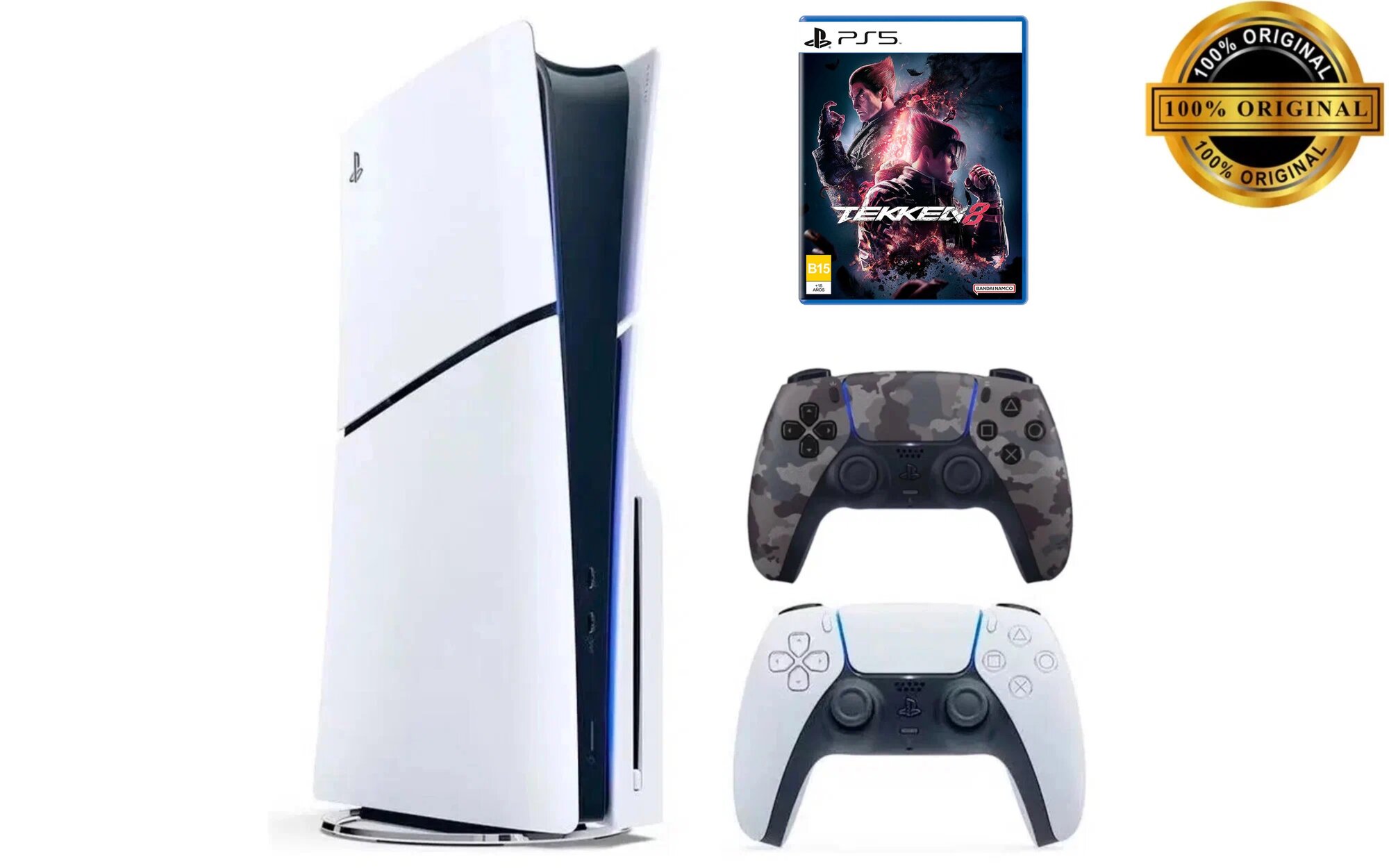 Игровая приставка Sony PlayStation 5 Slim, с дисководом, 1 ТБ, два геймпада (белый и камуфляжный), Tekken 8