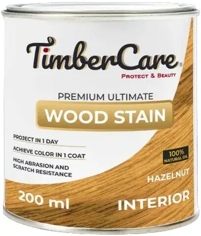 Тонирующее масло для дерева высокой прочности TimberCare Wood Stain, быстросохнущие масла для дерева и мебели, пропитка для дерева для внутренних работ, тонирующая морилка для мебели Лесной орех Hazelnut 0,2л