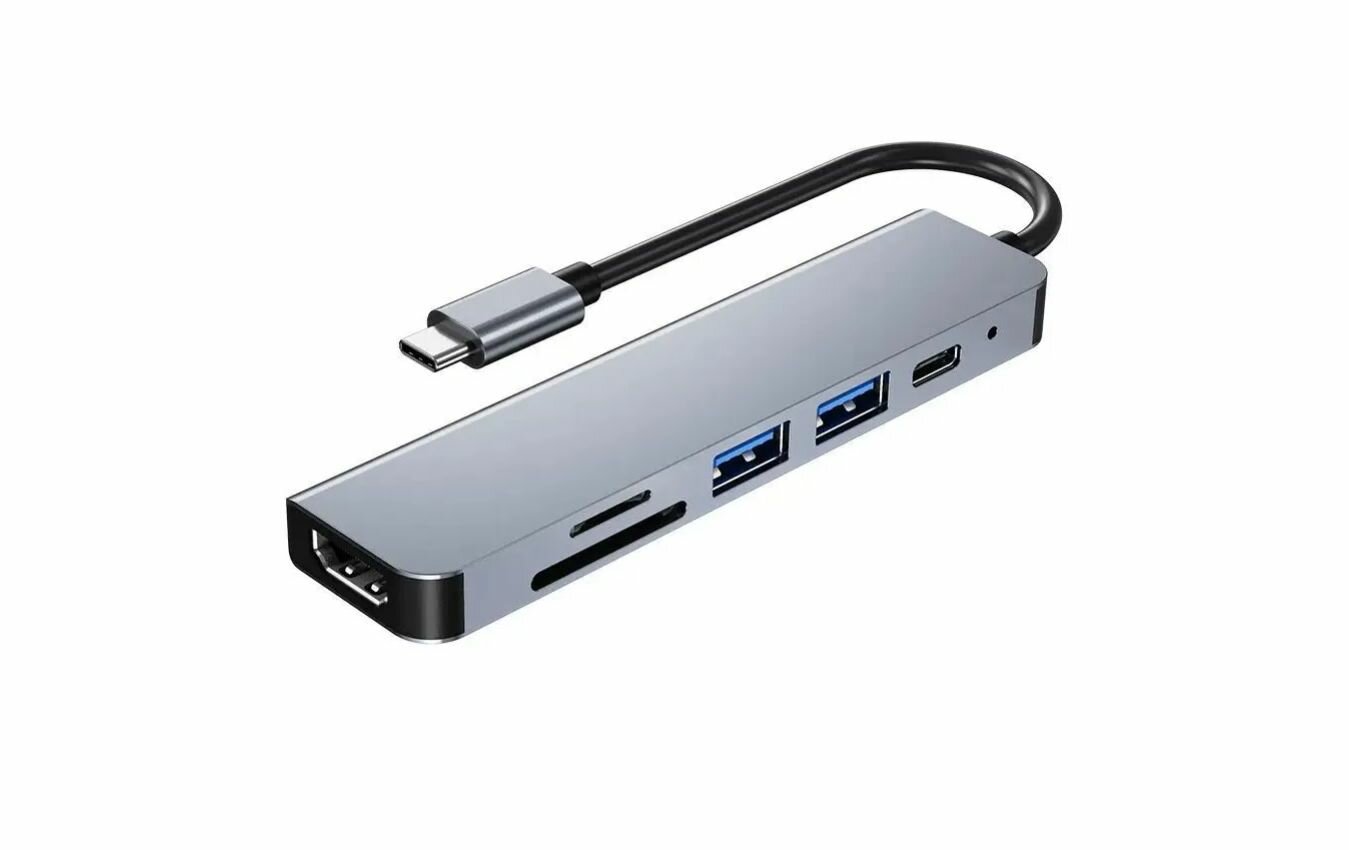 Концентратор- HUB 6 в 1 USB TYPE- C + Card reader SD, TF 2xUSB3.0, HDMI серый металлик