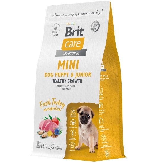 Корм сухой для щенков и молодых собак мини пород Brit CARE Mini Puppy&Junior Healthy Growth с индейкой 1.5 кг