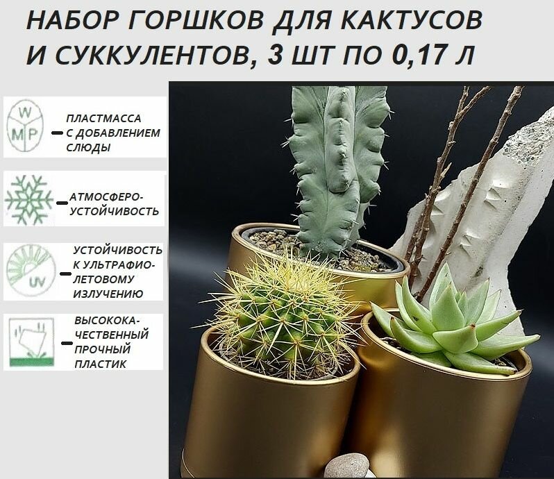 фото Набор декоративных мини горшков для кактусов и суккулентов Mehrni, пластмасса+слюда, размер 7,5 х 7,5 см, объем 0,17 л, цвет черный, по 3 шт в наборе