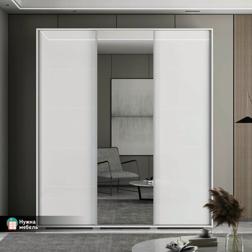 Изображение товара Шкаф-купе для одежды с зеркалами трехстворчатый, Модель Бакс 83 с полками и продольной штангой, Белого цвета, Мебель в спальню, прихожую и гостиную