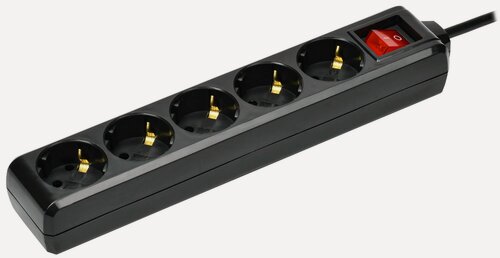 Изображение товара Удлинитель IEK У05К, 5 розеток, 5м, 16А 250В, 3500Вт, с заземлением, выключатель на корпусе, черный, IP20