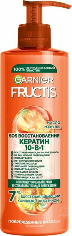 GARNIER Комплексный несмываемый уход Fructis SOS Спасатель волос 10 в 1 с маслом Амлы, 400 мл — фото 1