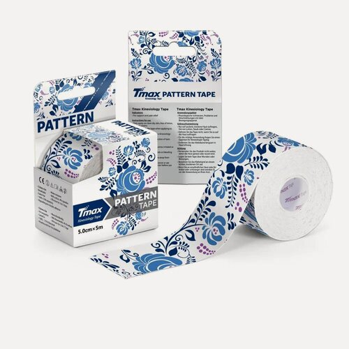 Изображение товара Кинезио тейп хлопок дизайнерский TMax Pattern Gzhel, Гжель Синий, 5 см x 5 м