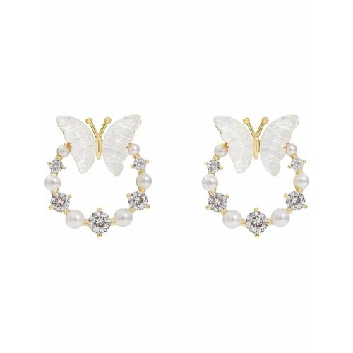 фото Серьги пусеты, фианит, жемчуг имитация, белый, золотой be self true jewel