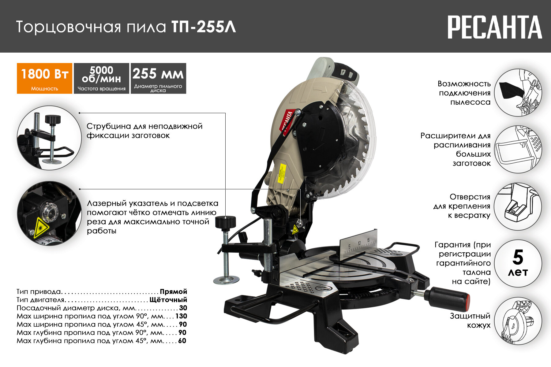 Торцовочная пила ТП-255Л Ресанта