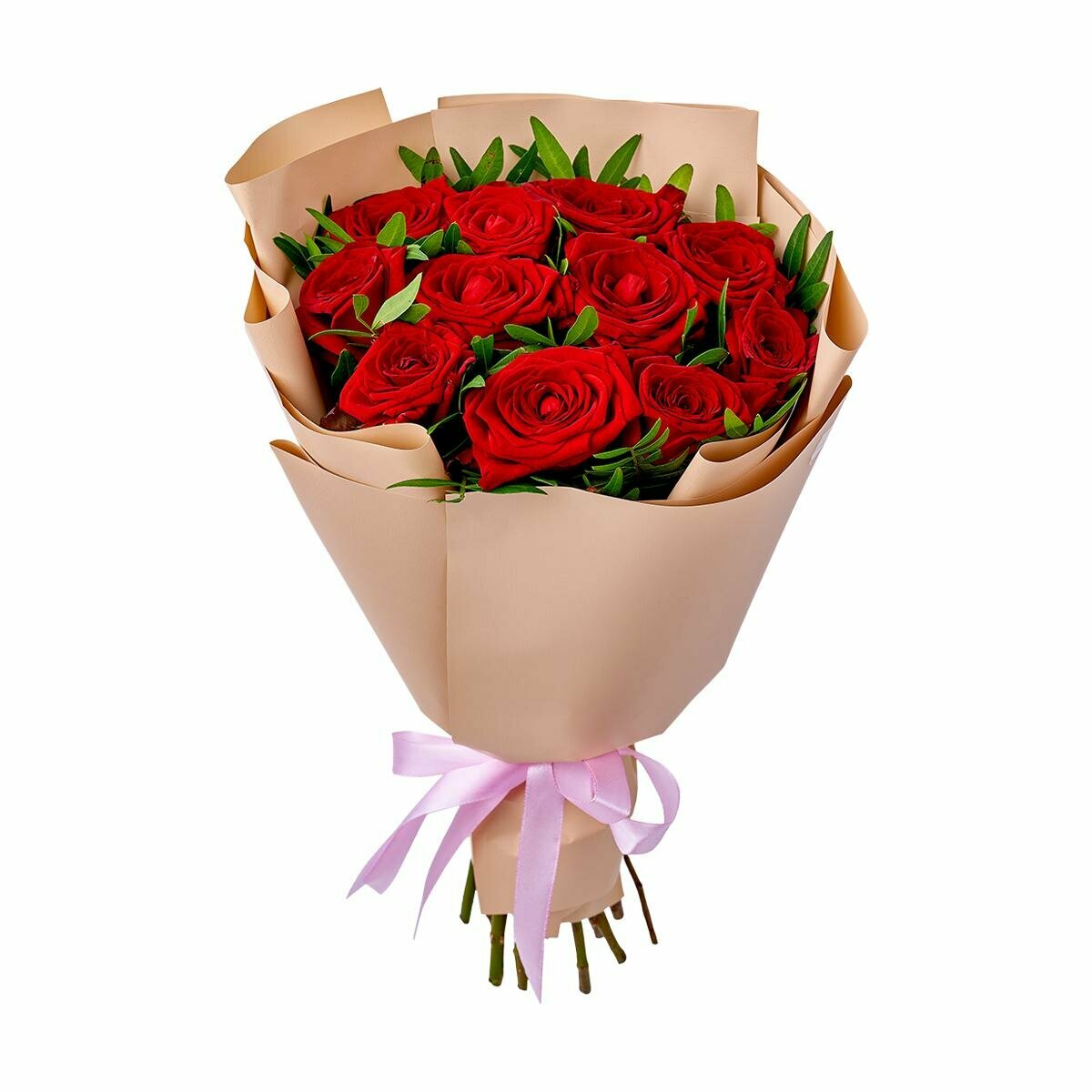 Букет Flor2u, 11 красных роз с зеленью, высота 35 см, диаметр 20 см