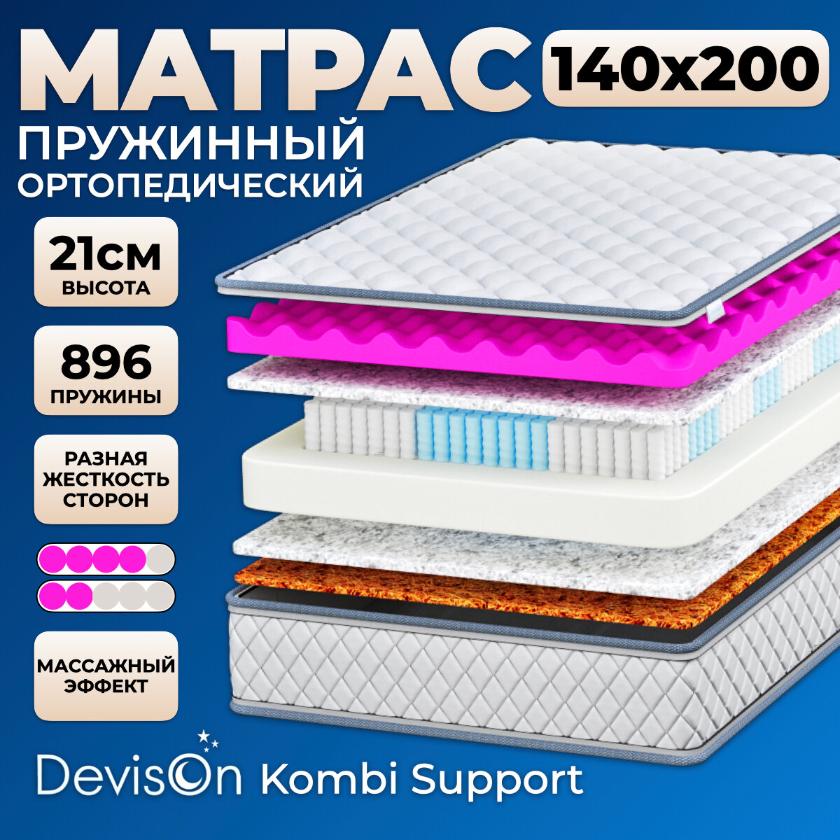 Матрас 140х200 ортопедический пружинный для двуспальной кровати Devison Kombi Support высота 21 см