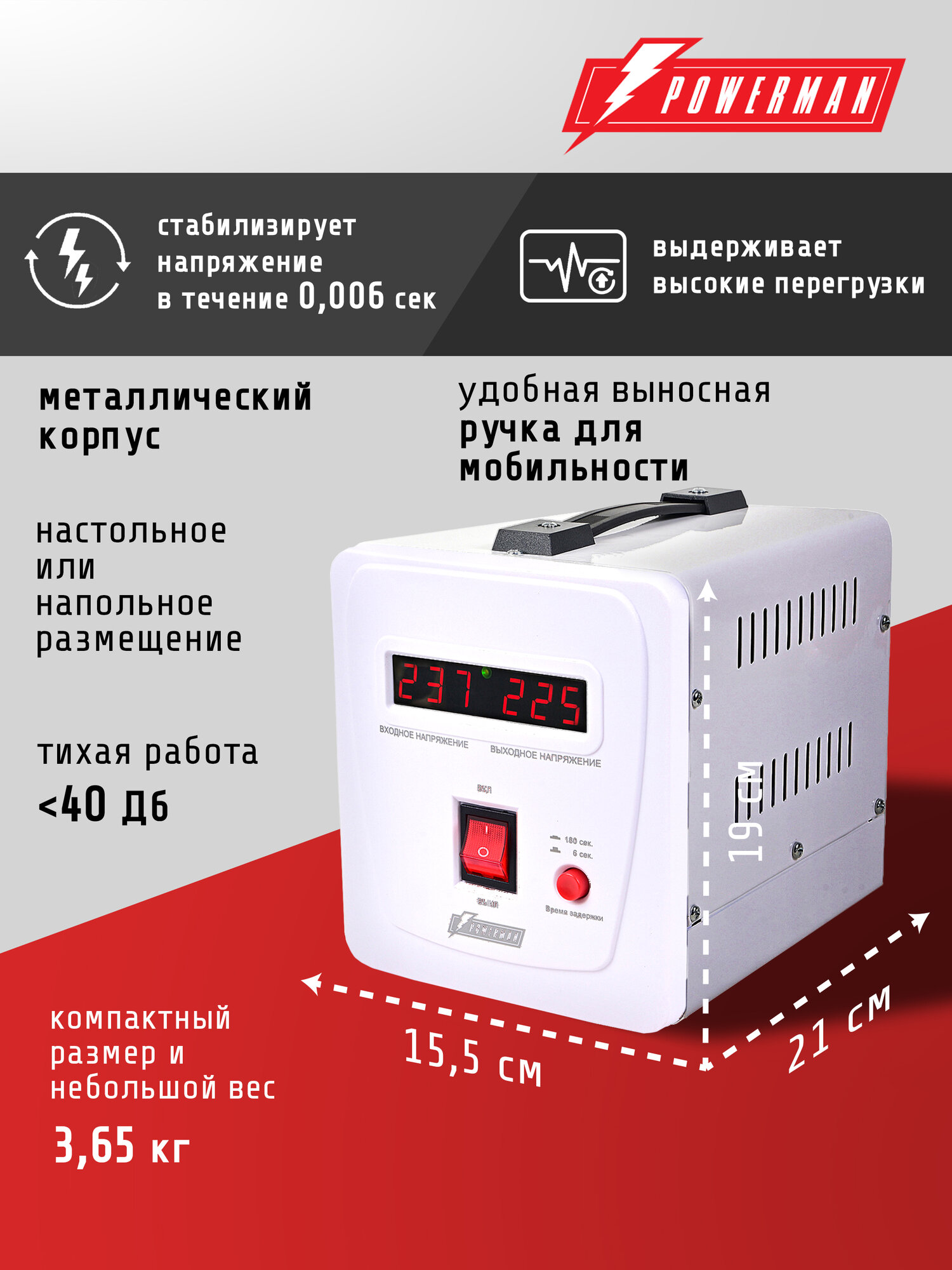 Стабилизатор напряжения POWERMAN AVS 1500 E, 1200 Вт, 220 В, для компьютера, телевизора и другой техники — фото 1