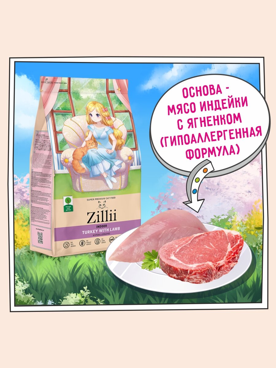 Корм для кошек сухой живущих в помещении 2 кг, гипоаллергенный ZILLII (Зилли) Indoor, Индейка с Ягнёнком — фото 1