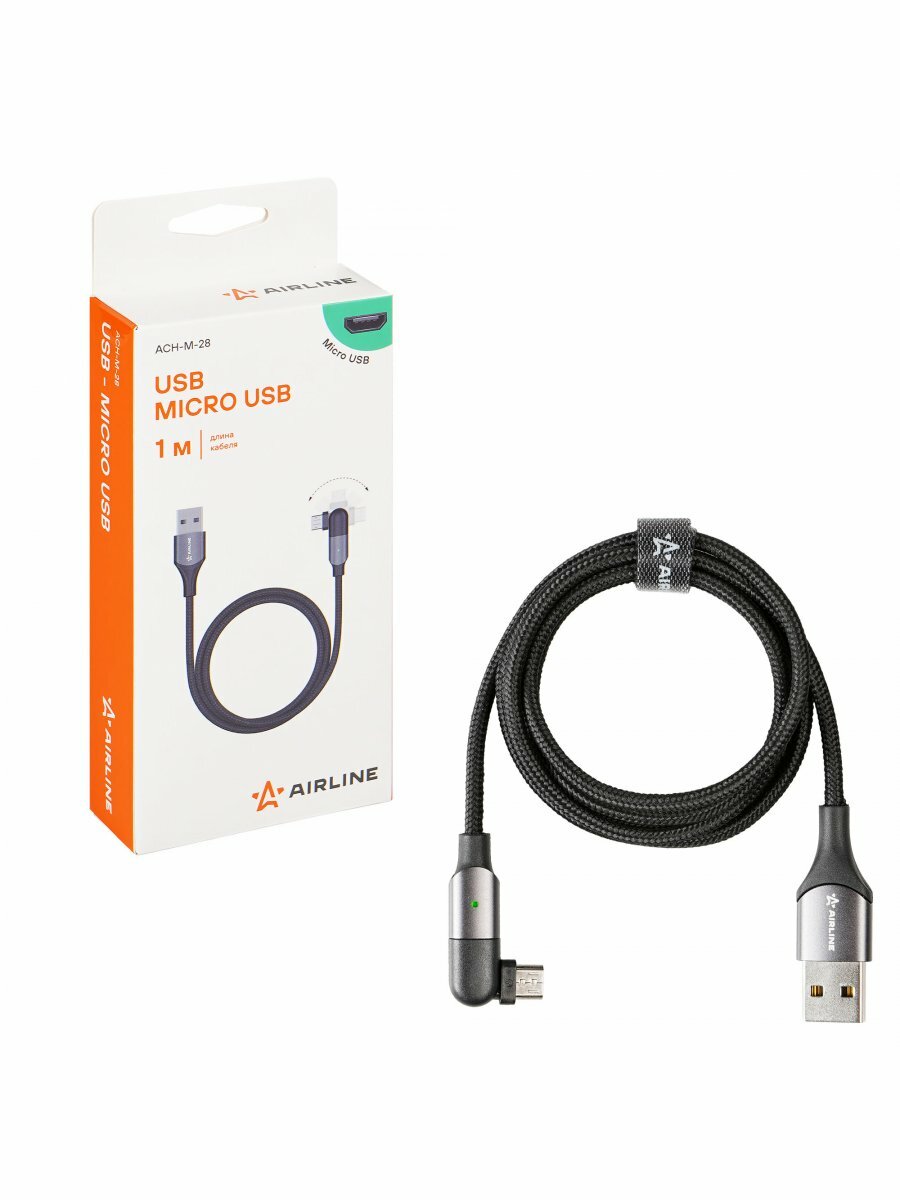 Кабель USB - microUSB 1м, с поворот. коннектором, черный нейлоновый ACH-M-28 AIRLINE — фото 1