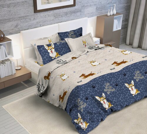 Изображение товара Комплект постельного белья 2,0 спальный с Евро простыней Бязь Френдс Корги и Такса