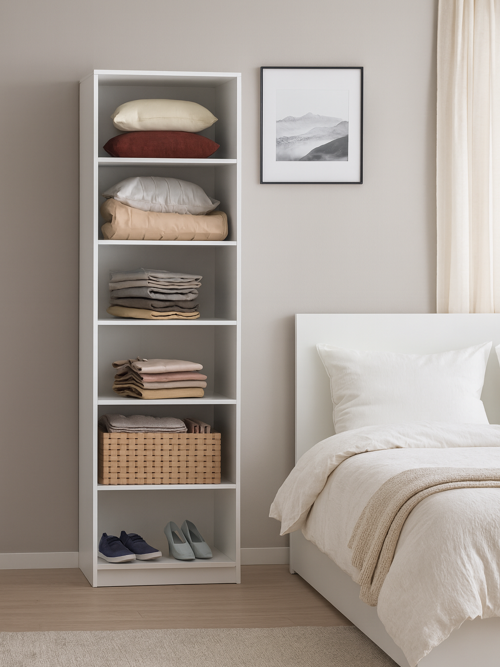 Открытый гардеробный шкаф-пенал Макс-1 с 6 полками, ШхГхВ: 60х50х210 см, белый